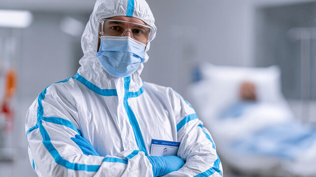 Healthcare worker wearing full PPE in hospital isolation room, infection control and patient safety, pandemic medical protection concept