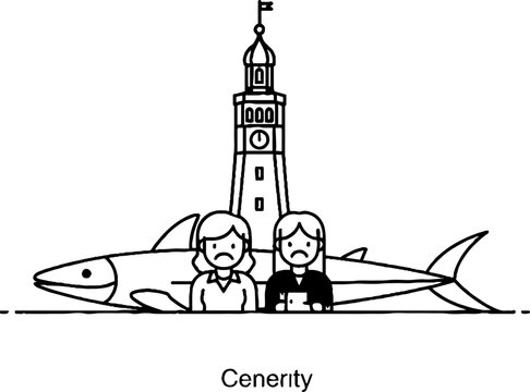 Coastal lighthouse tower with sad characters and large fish