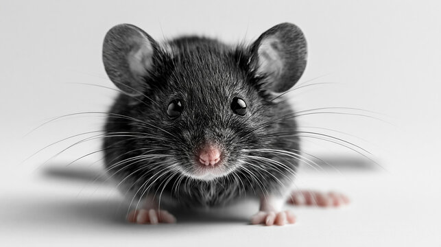Cute mouse close up isolated on clean white background, small rodent animal portrait, pest control and wildlife concept