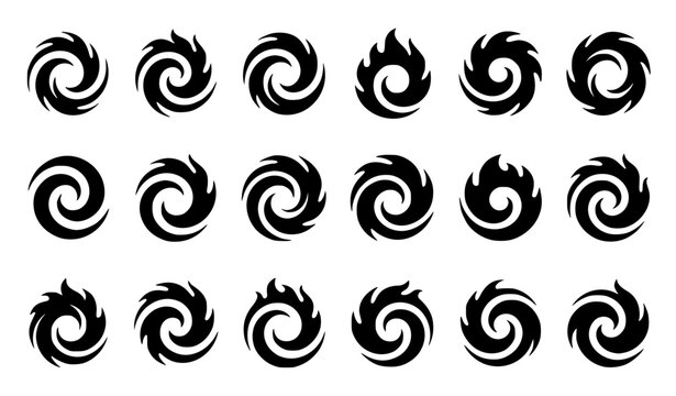 Spiral flame symbol set with circular fire vortex icons modern black vector collection