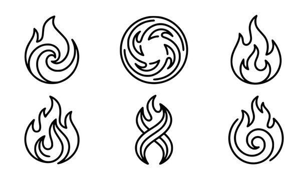 Minimal spiral flame line icons with circular fire vortex shapes modern vector set