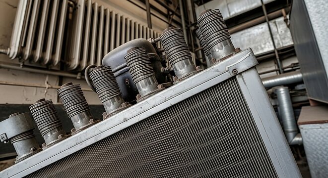 Industrial radiator with metal tubes.