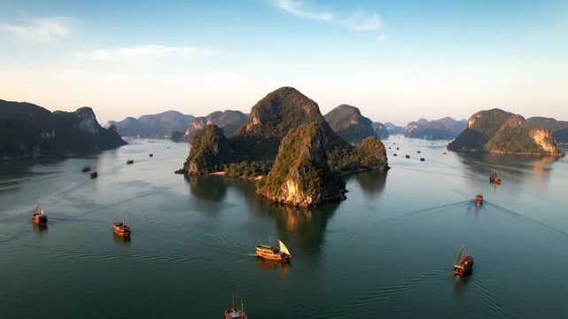 Scenic aerial view of Halong Bay with traditional wooden boats sailing amongst towering limestone karsts in Vietnam