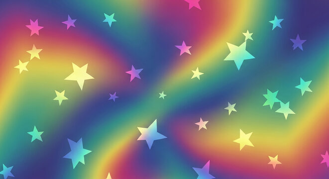 Gradient rainbow background with scattered stars, representing celebration, magic, and aspiration, suitable for festive or imaginative themes