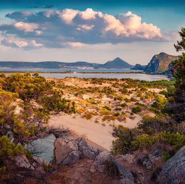 Warm summer evening on Voidokilia Beach. Picturesque outdoor scene of Ionian sea, Pilos town location, Peloponnese peninsula, Greece, Europe. Vacation concept background.
