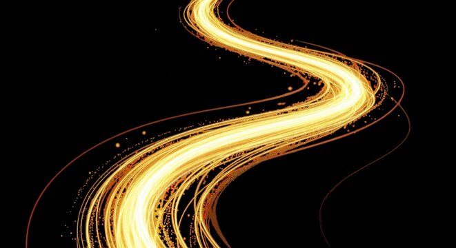 A flowing, s-shaped trail of bright golden light streaks with glowing particles against a solid black background