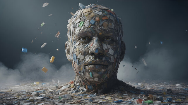 A powerful environmental scene showing a massive pile of recyclable waste shaped like a human face, symbolizing consumption and responsibility, dramatic shadows, dark background, high contrast