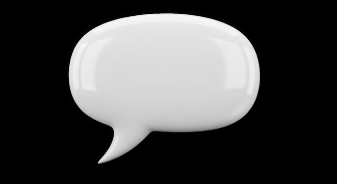 A glossy, 3 d white speech bubble with a rounded rectangular shape isolated against a solid black background, for communication