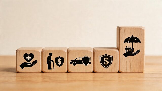 Business insurance concept wooden blocks with medical protection shield elderly care security car accident coverage symbol financial safeguard icon family umbrella hand holding