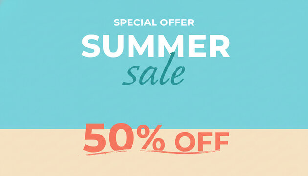 Graphic text announcing a special summer sale with 50% off, representing a promotional offer and seasonal discount, suitable for advertising.