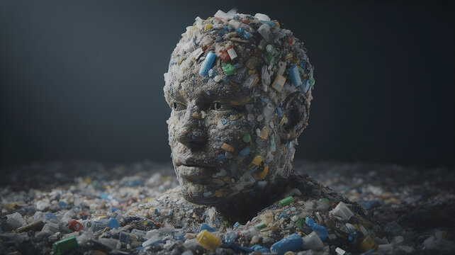 A powerful environmental scene showing a massive pile of recyclable waste shaped like a human face, symbolizing consumption and responsibility, dramatic shadows, dark background, high contrast