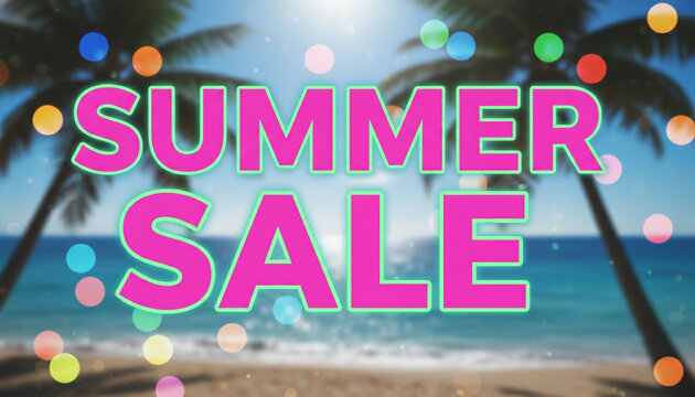 Bright pink text "SUMMER SALE" on a blurred tropical beach scene with palm trees and colorful bokeh lights, symbolizing summer discounts and vacation offers