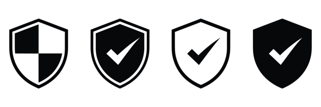 Security shield icon set, protection badge symbols in black and white, check mark and segmented shield design, antivirus security, privacy protection and safe access approval pictogram