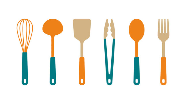 Set of colorful kitchen cooking utensils isolated on white background.