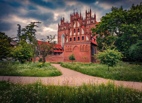 Astonishing summer view of Church of the Holy Trinity. Impressive morning cityscape of Gdansk, Poland, Europe. Spectacular morning scene of empty city. Traveling concept background.