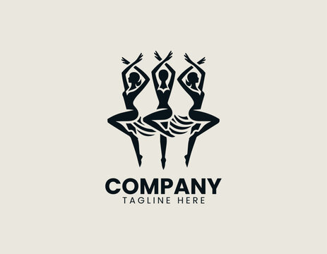 Three female dancers in synchronized pose silhouette vector logo isolated on white background