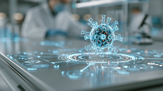 Futuristic laboratory desk with holographic virus model, medical diagnostics research and biotechnology analysis concept