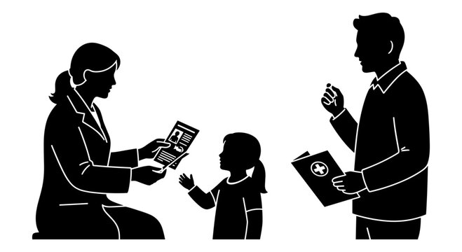 Professionals discussing documents with a young student in between Vector, illustration