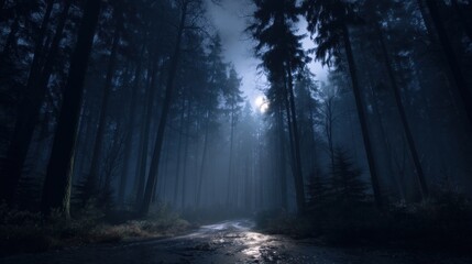 Obraz premium Forest path at night with moonlight