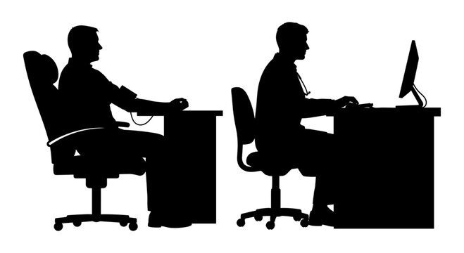 Two individuals working at desks with different postures while using computers Vector, illustration