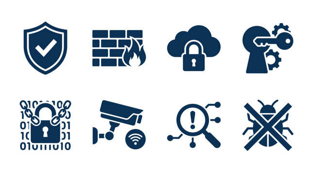 Collection of cybersecurity icons depicting protection, monitoring, and data security measures