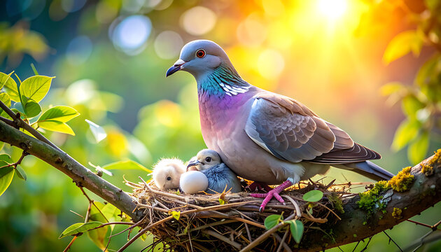 Adult pigeon with two chicks nestled in a twig nest on a tree branch, warm sunlight filtering through green leaves creating a peaceful atmosphere