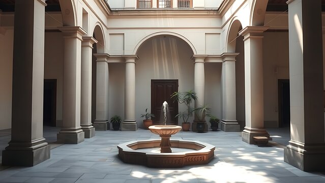 prot. A serene atrium courtyard with a central fountain and sunlight through colonnades. real-estate listings, architecture portfolios, designed for interior renovation comparisons for interiors.