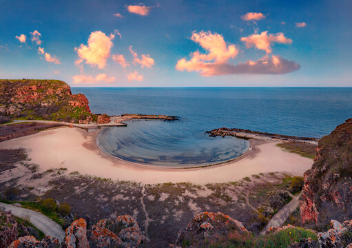 Attractive summer seascape of Black sea. Spectacular sunrise on empty Bolata beach, Bulgaria, Europe. Beauty of nature concept background.