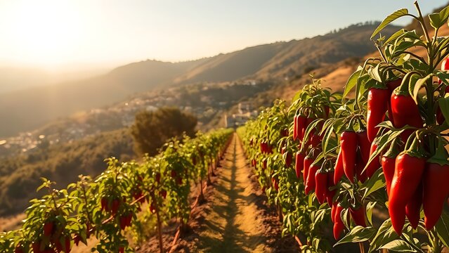 pert. Sun-drenched Italian hillside with rows of red chili peppers. travel magazines, destination branding, designed for travel destination branding, drives exploration.