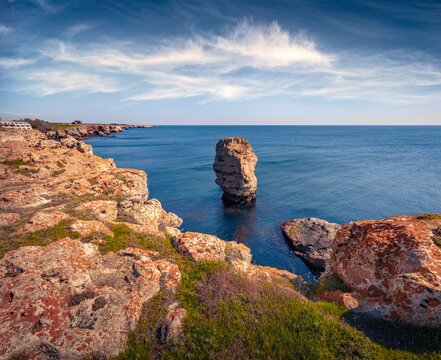 Wonderful summer view of popular tourist destination - Tyulenovo cliffs. Picturesque morning seascape of Black sea. Colorful outdoor scene of Bulgaria, Europe. Traveling concept background.