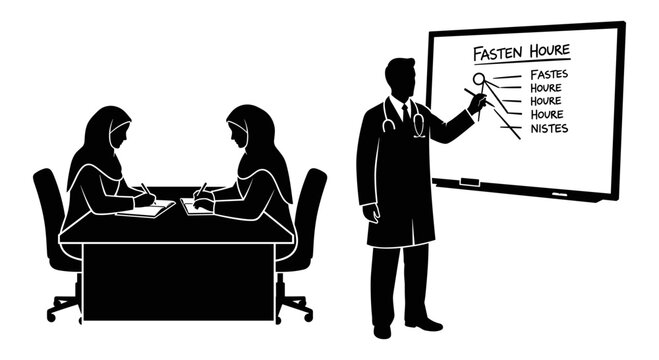 Medical professional explaining fasting hour concepts to patients in a consultation Vector, illustration