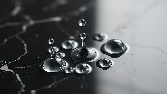 amalgam. Liquid mercury droplets forming reflective spheres on black marble surface. STEM education sheets, lab safety posters, designed for biotech research communications, supports STEM education.