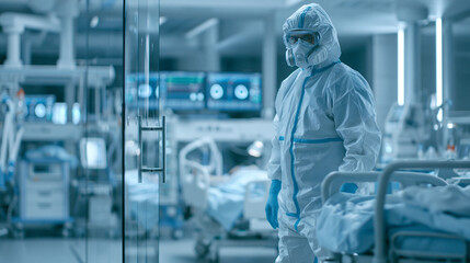 Naklejka premium Healthcare worker wearing full protective suit in modern hospital isolation room, infection control and medical safety concept