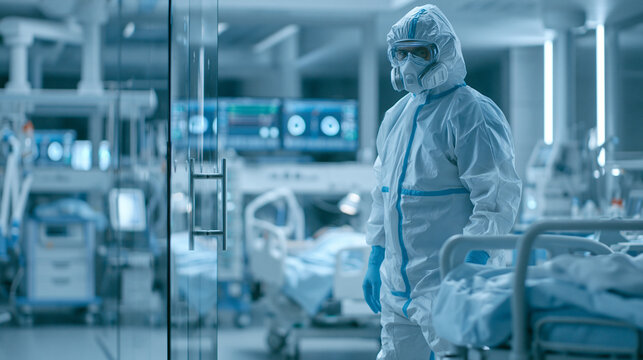 Healthcare worker wearing full protective suit in modern hospital isolation room, infection control and medical safety concept