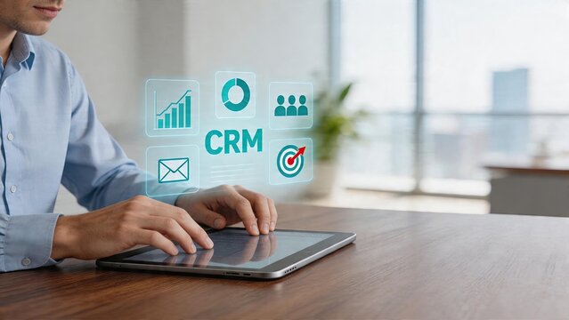 Businessman using tablet with augmented reality CRM interface customer relationship management software dashboard data analytics graph marketing strategy icons office workspace
