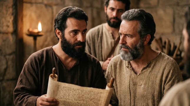 Group of disciples reading the scroll of scripture in an ancient room. Men studying holy text in a gathering. Biblical scene inspired by the early church chronicles. Ancient religion plot.