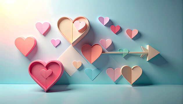 Collection of pastel heart shapes and an arrow, symbolizing love and affection, set against a soft blue background with gentle lighting, perfect for Valentine's Day or romantic themes