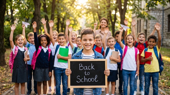 Happy students celebrating new academic session outdoors with books backpacks and chalkboard sign expressing joy learning and excitement for back to school season