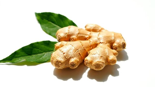 Ginger root with fresh green leaves on a bright white background, healthy ingredient