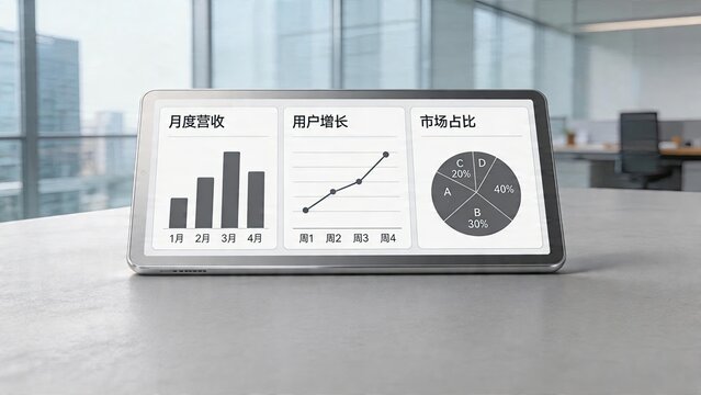 Business performance dashboard monthly revenue bar chart user growth line graph market share pie chart data analytics on tablet screen corporate office background with city window