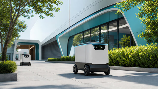 Autonomous delivery robots driving on a sidewalk in front of a futuristic glass building facade