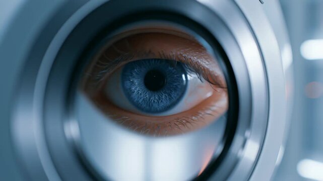 Intricate Gaze: Close-up of a vibrant eye framed within a technological interface, inviting contemplation on human perception and the fusion of technology and the self.