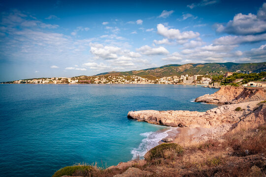 Beautiful summer cityscape of Cas Catala-Illetes resort, Mallorca Island, Balearic Islands, Spain, Europe. Sunny morning seascpae of Balearic Sea. Amazing view from San Carlos castle. 