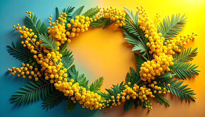 Naklejka premium Circular floral wreath made of yellow mimosa flowers and green pine needles, framed against a gradient blue and yellow background, symbolizing spring and nature
