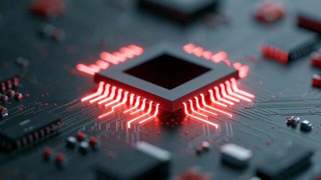 Digital Core's Fiery Embrace: A macro view of a computer chip's core, pulsating with a fiery energy and intricate digital pathways. The chip's glow, symbolizing power, precision.