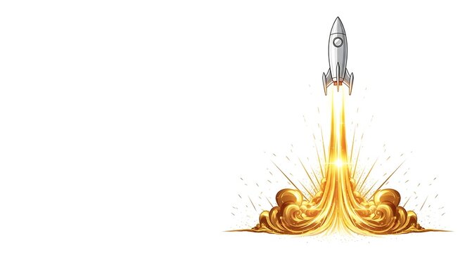 rocket launching into space with fiery explosion
