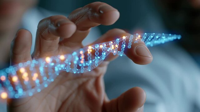 DNA Strand in Focus: A close-up view of a scientist's hand delicately holding a luminous, intricately detailed DNA strand.