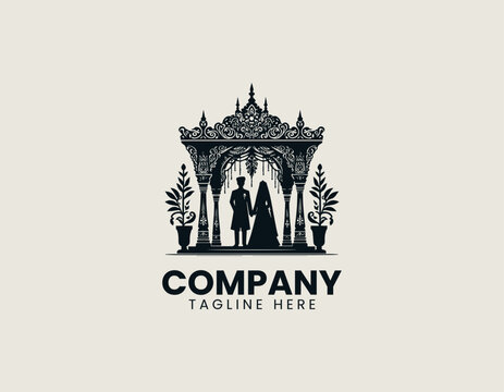 Traditional wedding couple under ornamental pavilion black vector logo on white background.