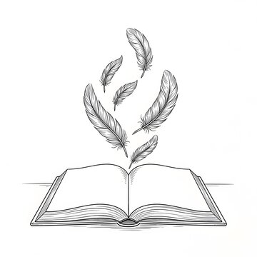An open book with feathers flying out, line art drawing on white background.