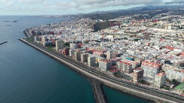 Golden Hour Flyover of Historic Vegueta and Triana; Colonial Architecture and Port of Las Palmas, Gran Canaria